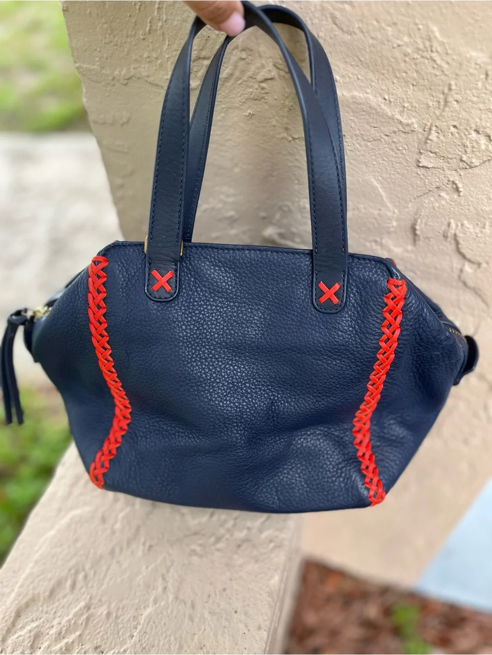 Tory Burch Navy Blue Leather Tote with Red Accent Stitching